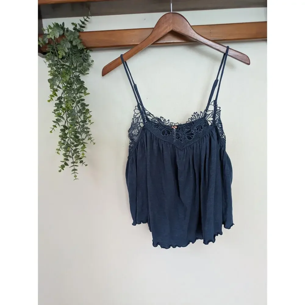 NWT Free People Kayla Tank Navy Blue Boho Lace Trim Cami Top